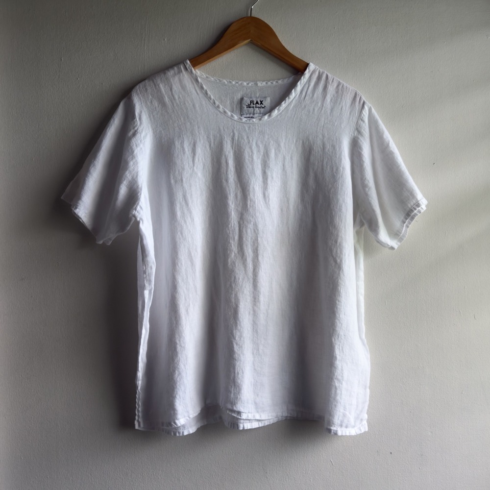 FLAX Jeanne Engelhart 100% Linen Short Sleeve Top Women M White Coastal Boho